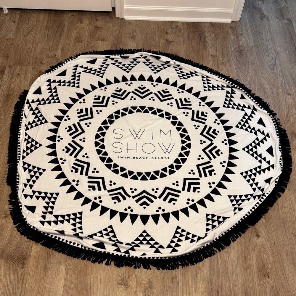 Miami Swim Show Black & White Boho Print Round Fringe Tassel Trim Beach Towel